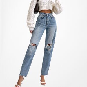 Zara Blue Distressed Destroyed Medium Wash Ripped Knee High Waisted Mom Jeans XS